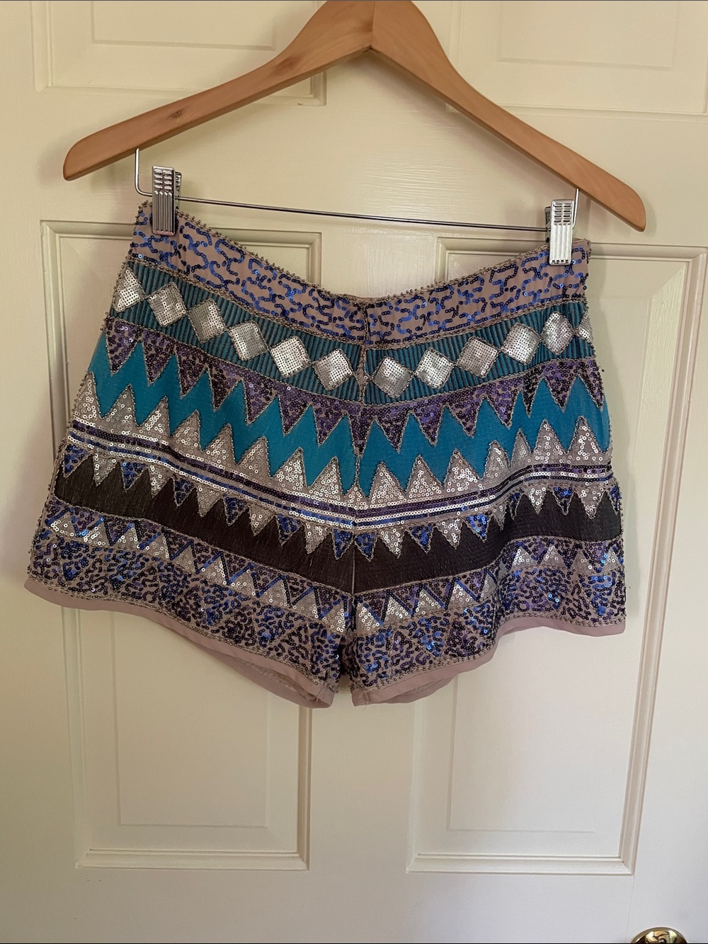 Esley Teal, Purple & Silver Embellished High-Waist Shorts